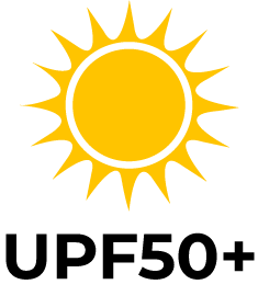 L'image présente un logo UPF 50, positionné au centre d'un cercle de couleur jaune représentant le soleil. Le logo est composé de l'acronyme 