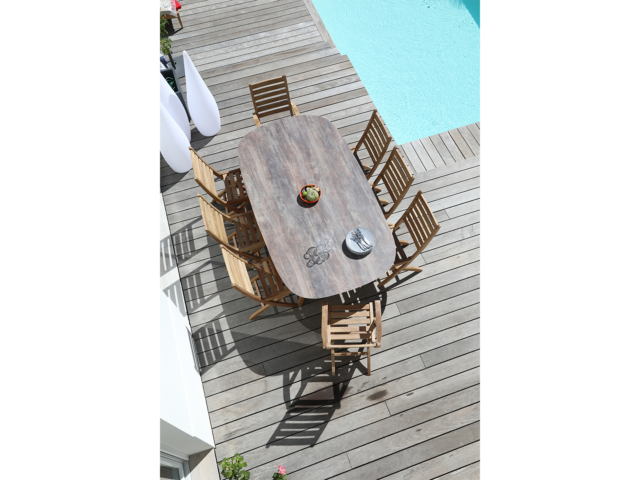 JARDITECK: Table fixe ovale avec pieds Teck et plateau HPL Niagara