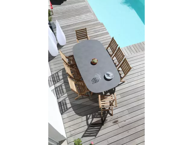 JARDITECK: Table fixe ovale avec pieds Teck et plateau HPL Niagara
