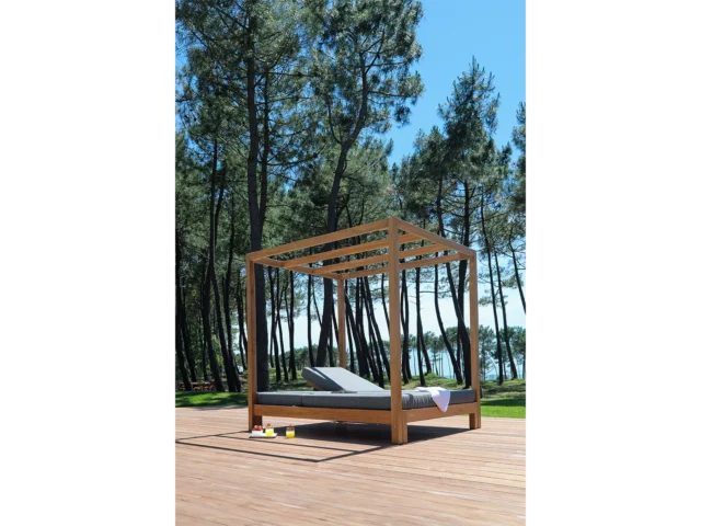 Lit de piscine double à baldaquin en Teck avec coussin acrylique Sunbrella