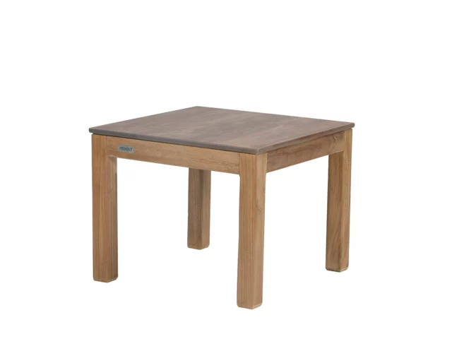 Cette image représente la Table fixe en Teck carrée avec plateau HPL Bois pétrifié Tivoli