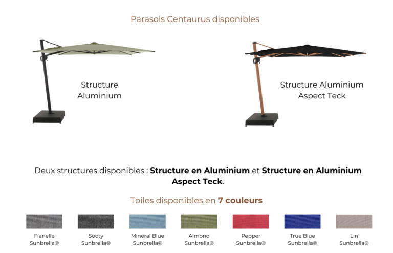 Choix des 10 couleurs pour le parasol déporté CENTAURUS